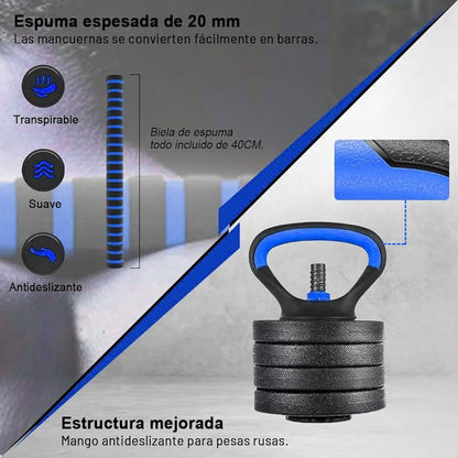 Kit Mancuernas 20KG 8 Discos +Manc. Rusa