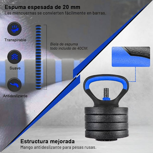 Kit Mancuernas 20KG 8 Discos +Manc. Rusa